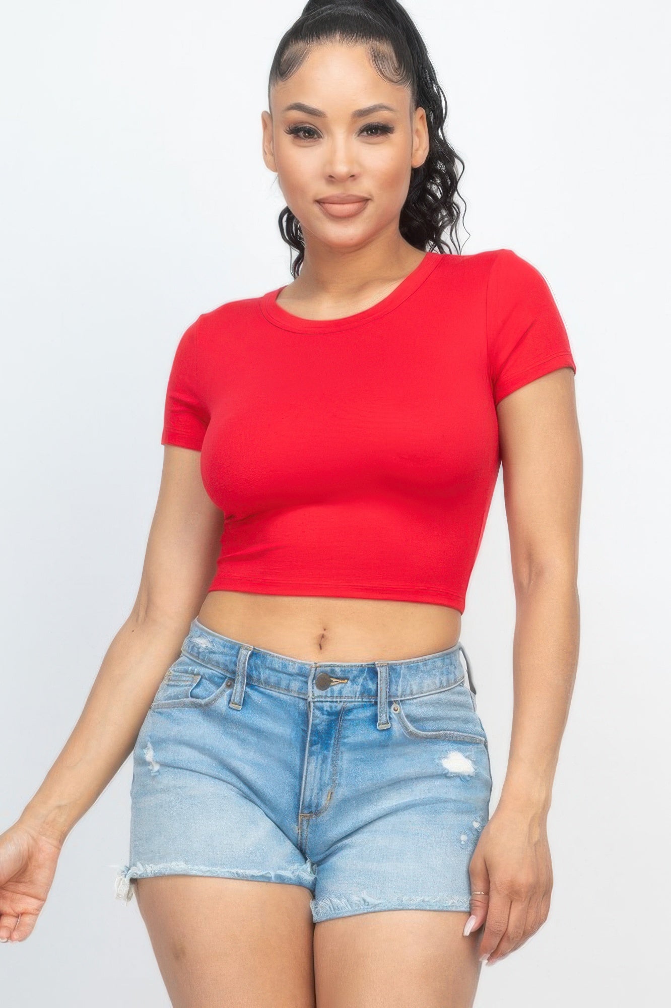 Ladies Casual Crop Top Shirt – Short Sleeve Round Neck Soft Comfortable Summer Top