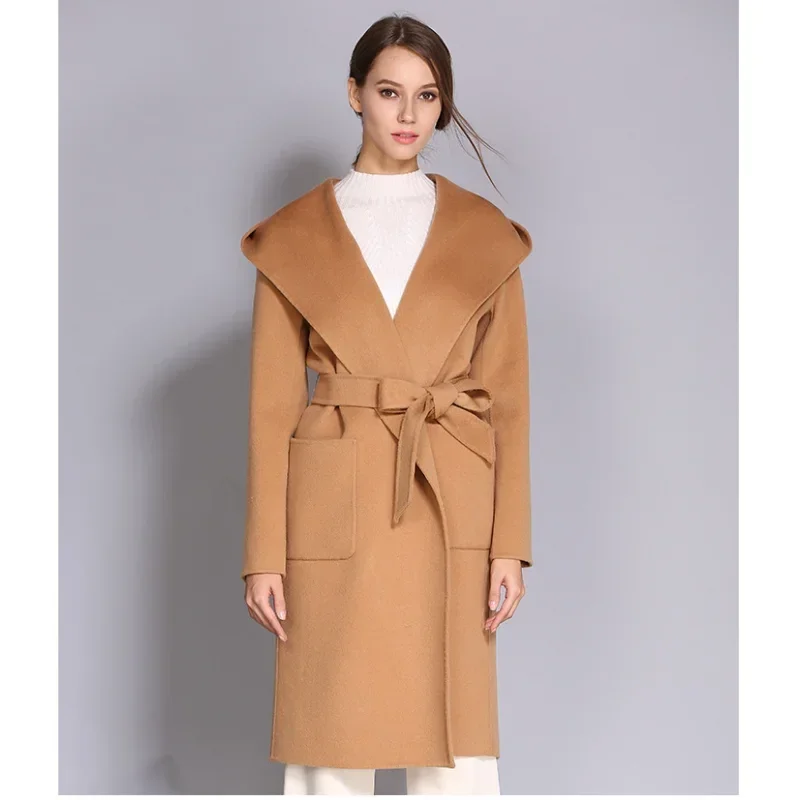 Women's Double-Sided Cashmere Wool Coat - Long Hooded Buttonless Mid-Length Coat with Lace-Up Design