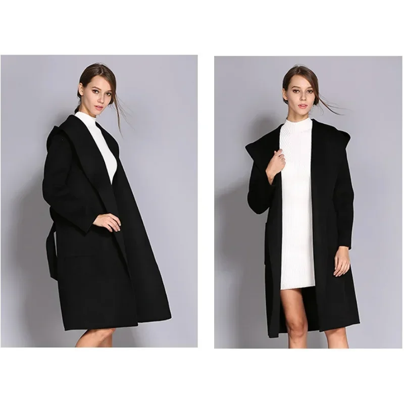 Women's Double-Sided Cashmere Wool Coat - Long Hooded Buttonless Mid-Length Coat with Lace-Up Design