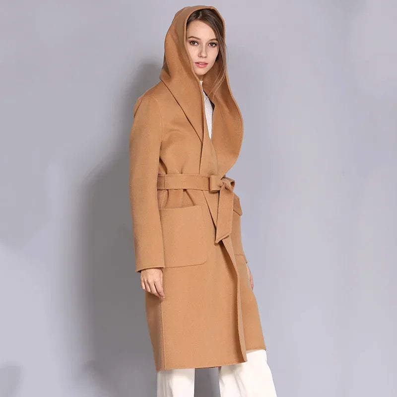 Women's Double-Sided Cashmere Wool Coat - Long Hooded Buttonless Mid-Length Coat with Lace-Up Design