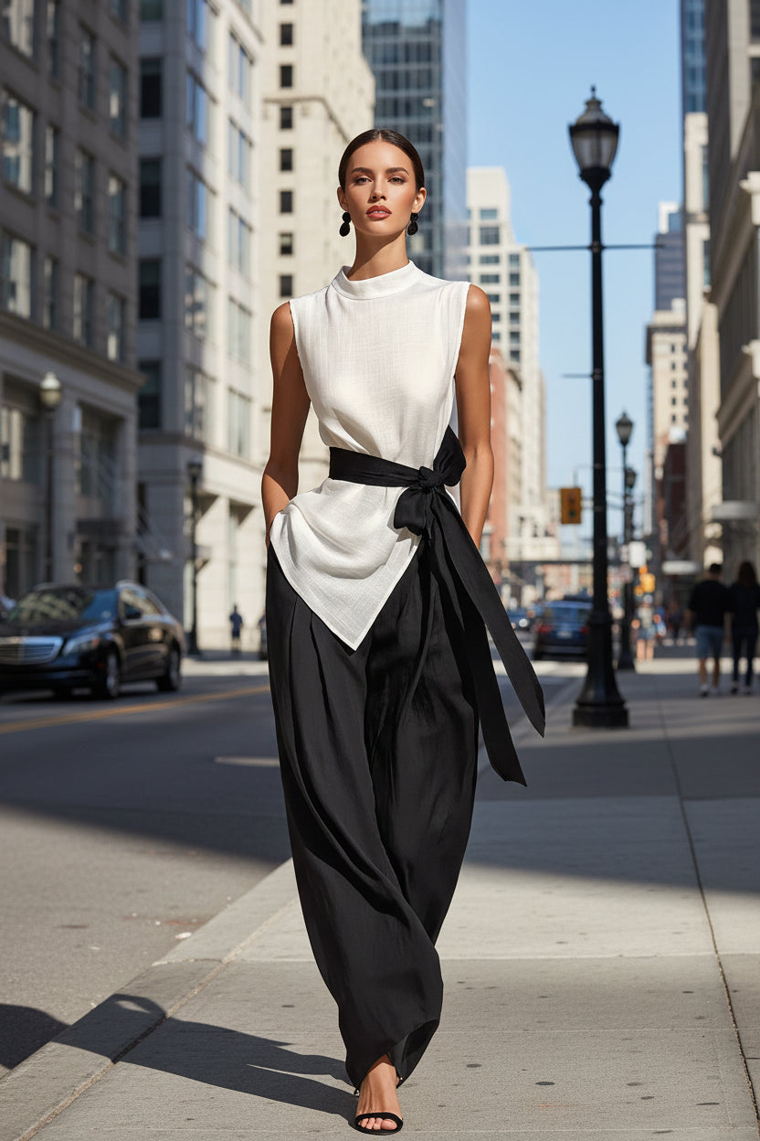 Woman in a white sleeveless top and black pants walking on a city street.