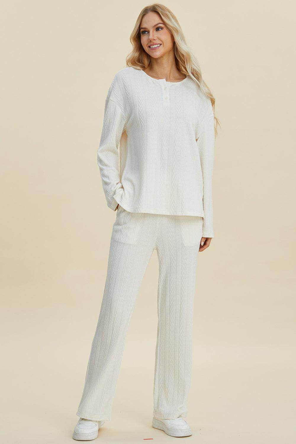 Double Take Full Size Cable-Knit Long Sleeve Top Pants Set