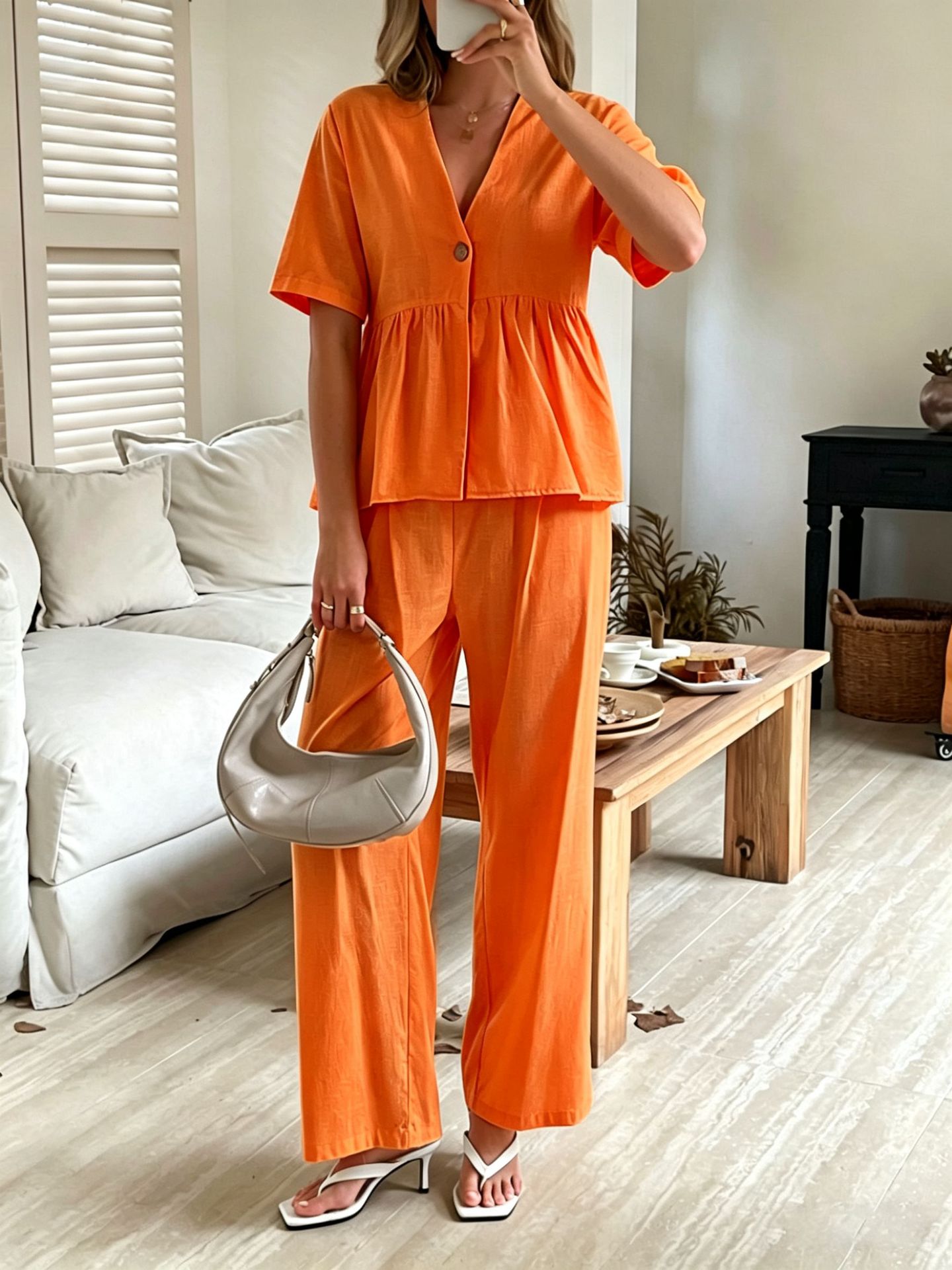 Damen-Set aus lockerem V-Ausschnitt-Oberteil mit kurzen Ärmeln und Hose mit weitem Bein