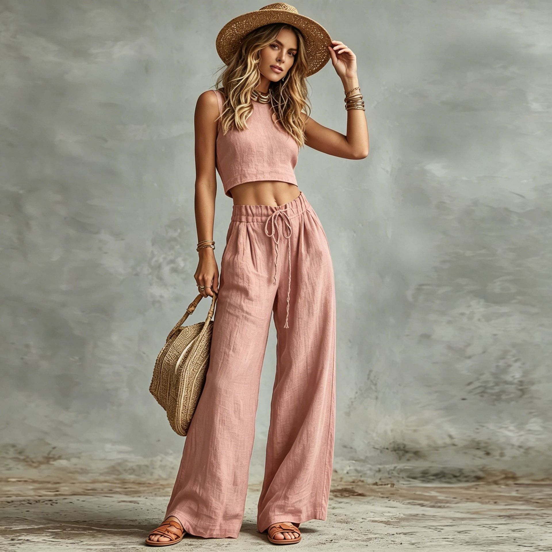 Damen-Set aus ärmelloser Weste und High-Waist-Hose mit weitem Bein und Kordelzug