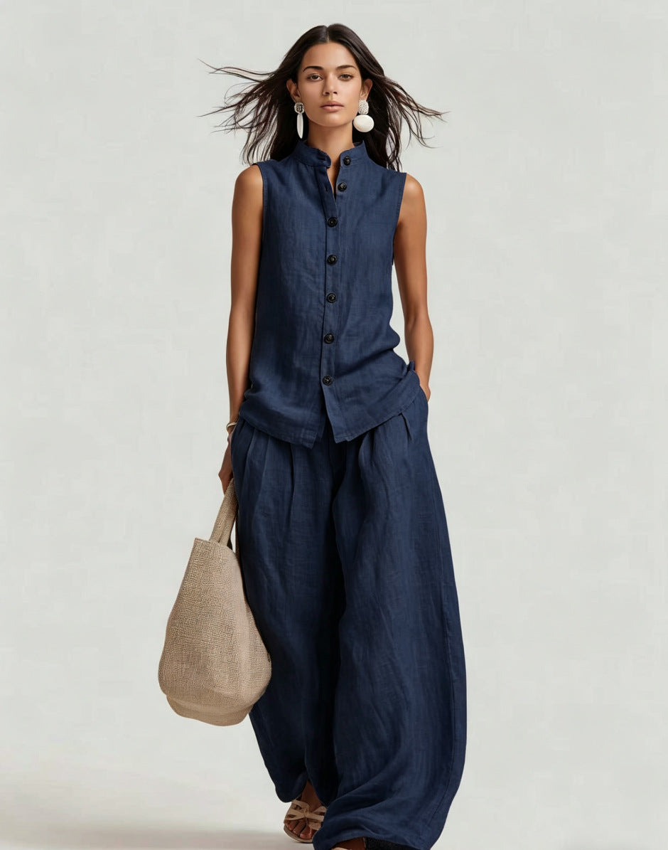 Damen-Set mit stehkragenlosem Oberteil und High-Waist-Hose mit weitem Bein