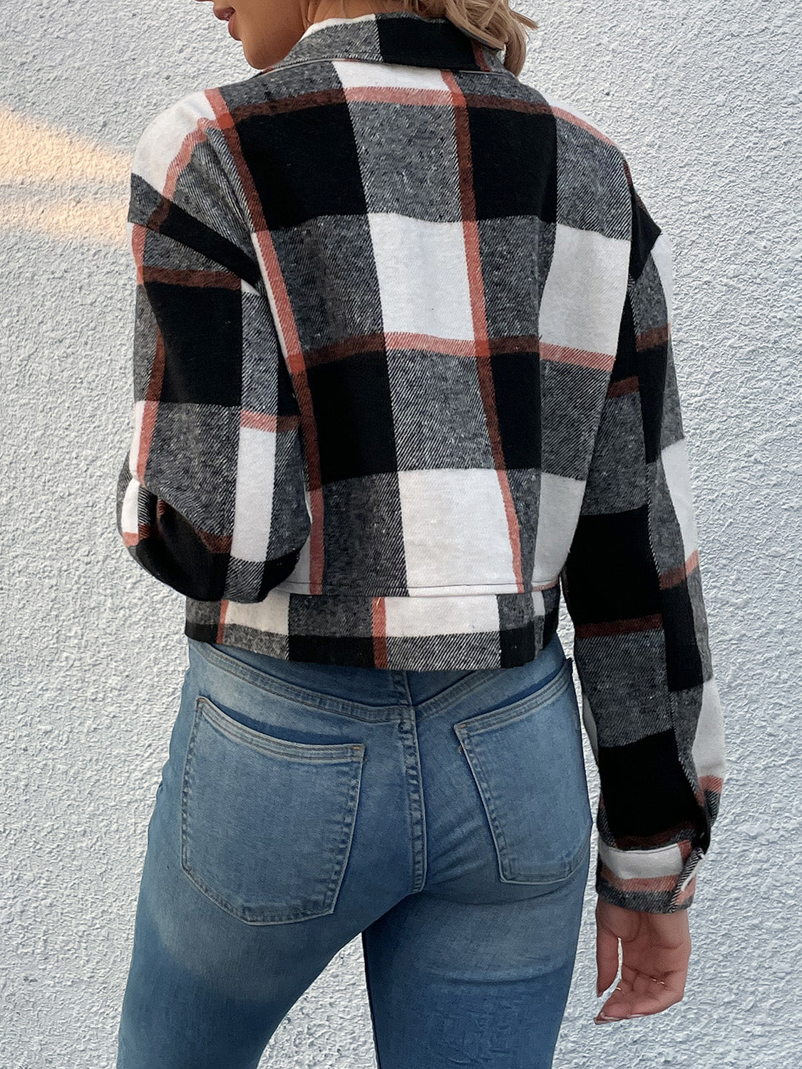 Women Perfee Plaid Button Up Drop Shoulder Cropped Jacket
