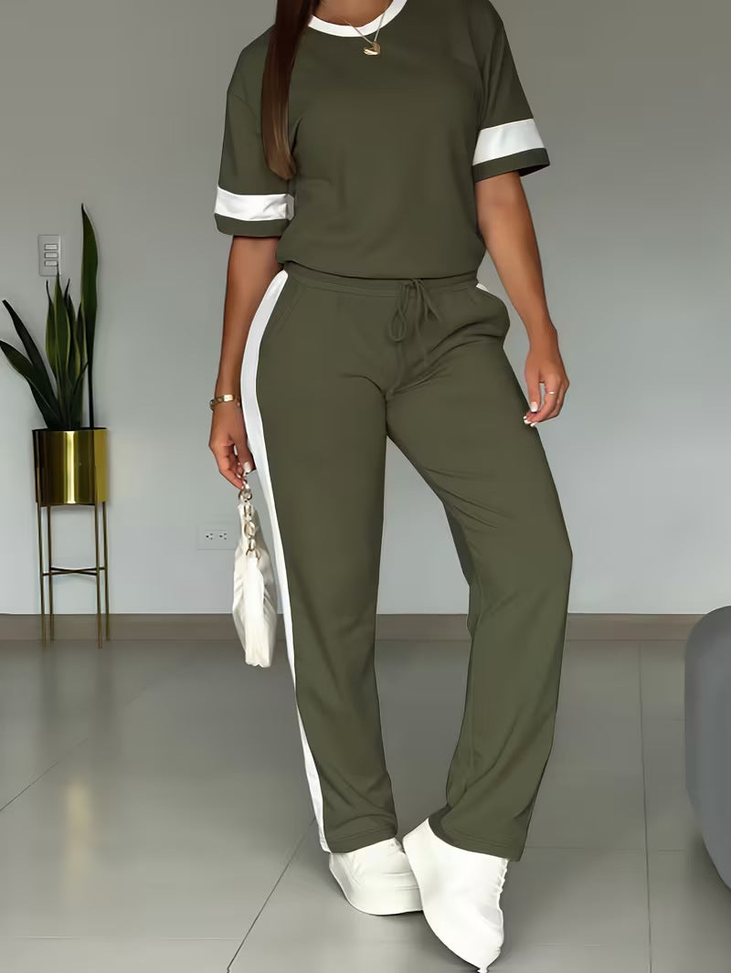 Damen Color-Block Kontrast Zweiteiler – Oberteil & Hose Set