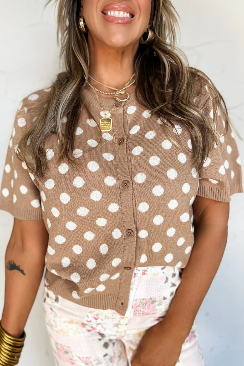 Dark Khaki Polka Dot Short Sleeve Button Down Sweater Cardigan