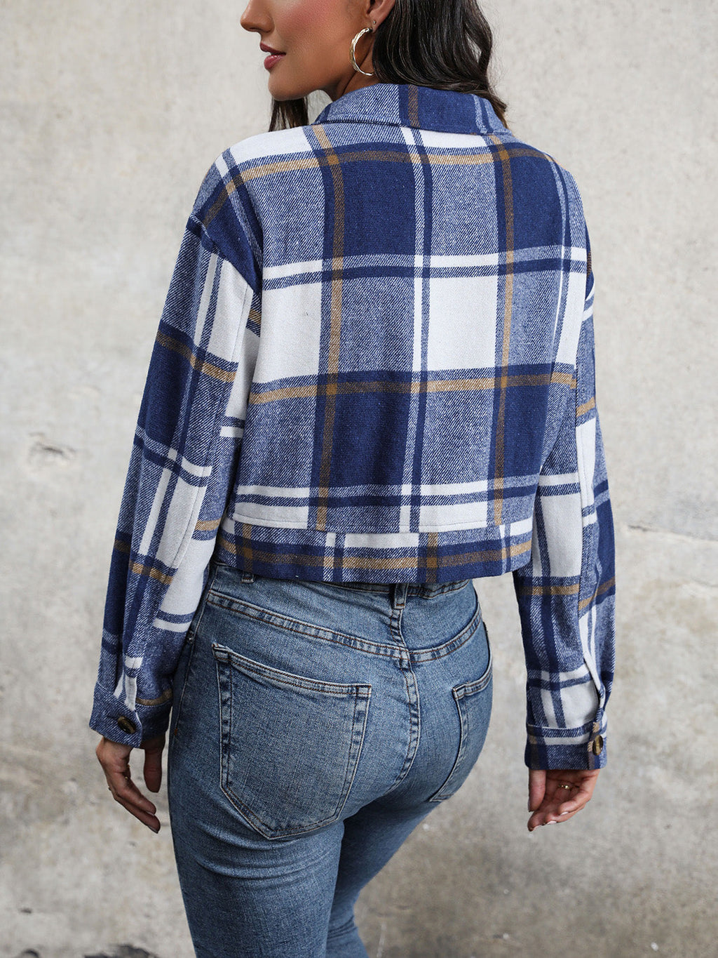 Women Perfee Plaid Button Up Drop Shoulder Cropped Jacket