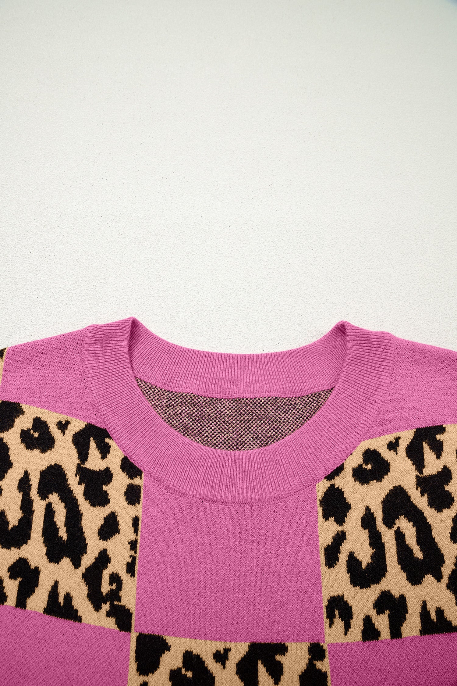 Rose Red Leopard Checkerboard Short Sleeve Knit Sweater