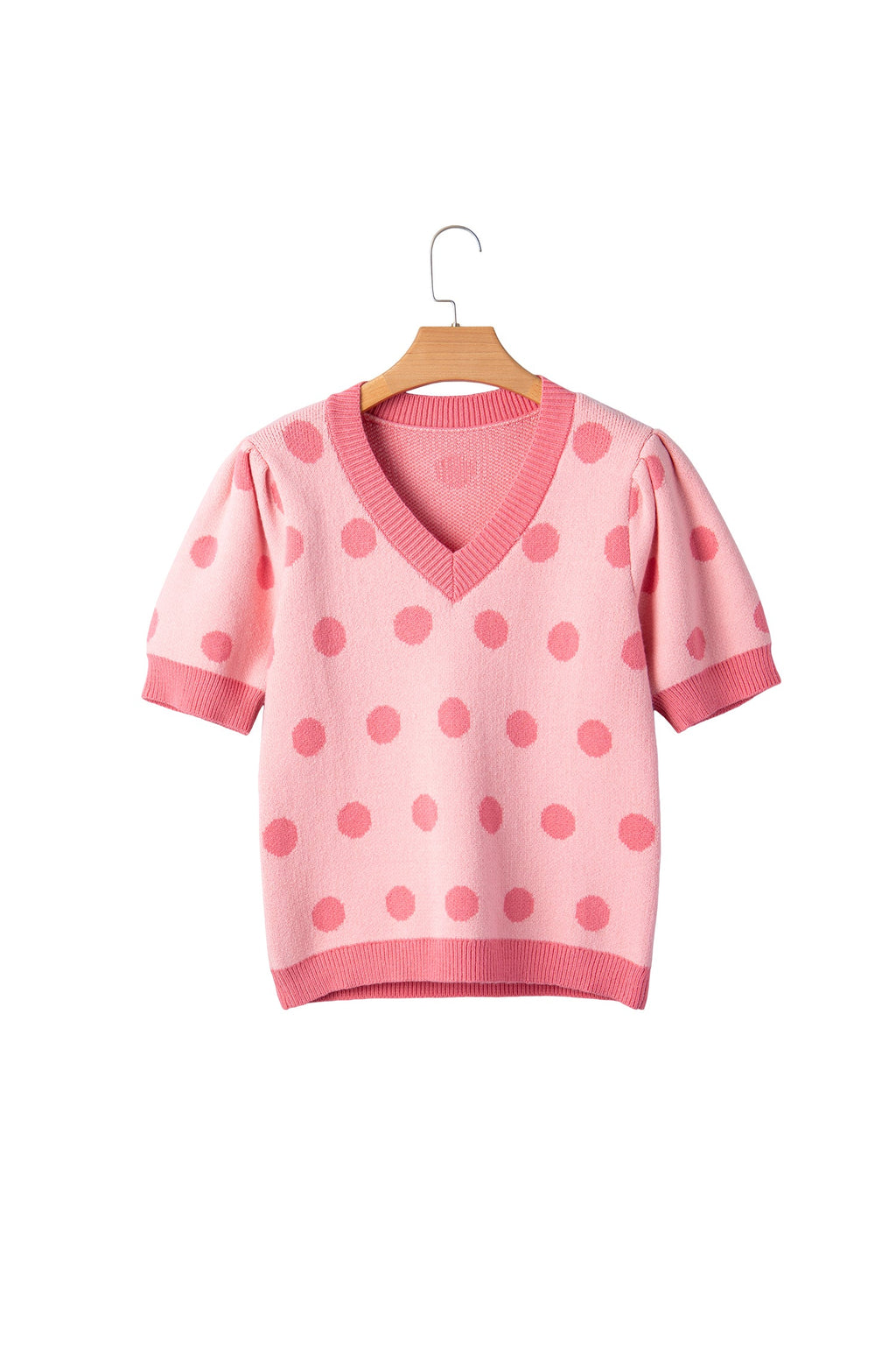 Rose Red Polka Dot Puff Short Sleeve Sweater Top