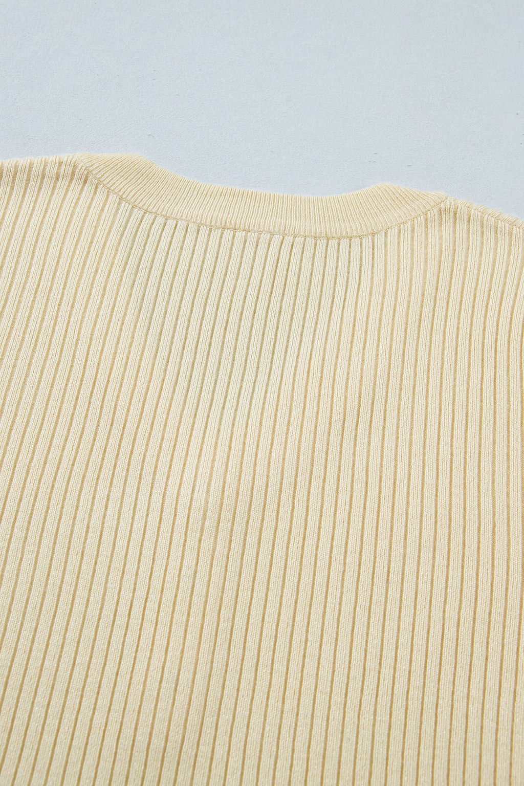 Apricot V Neck Ribbed Knit Striped Trim Short Sleeve Sweater
