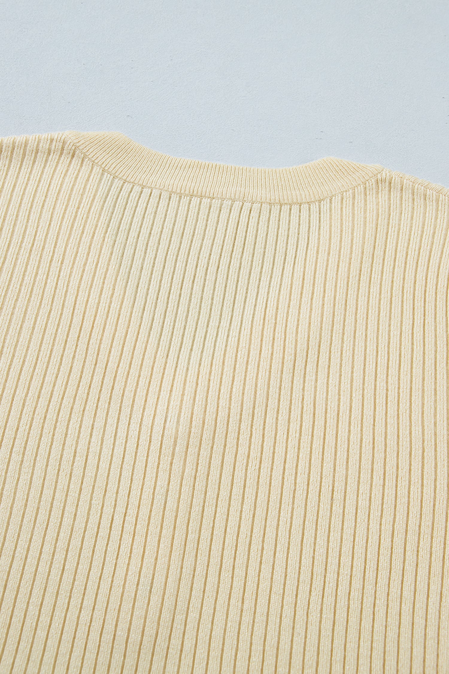 Apricot V Neck Ribbed Knit Striped Trim Short Sleeve Sweater