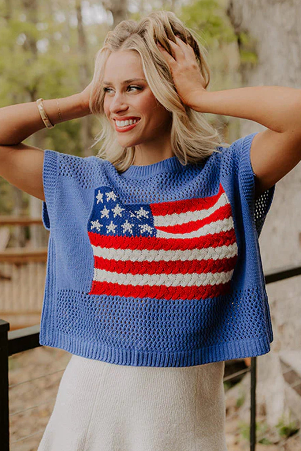 Fiery Red Flag Graphic Short Sleeve Sweater Top