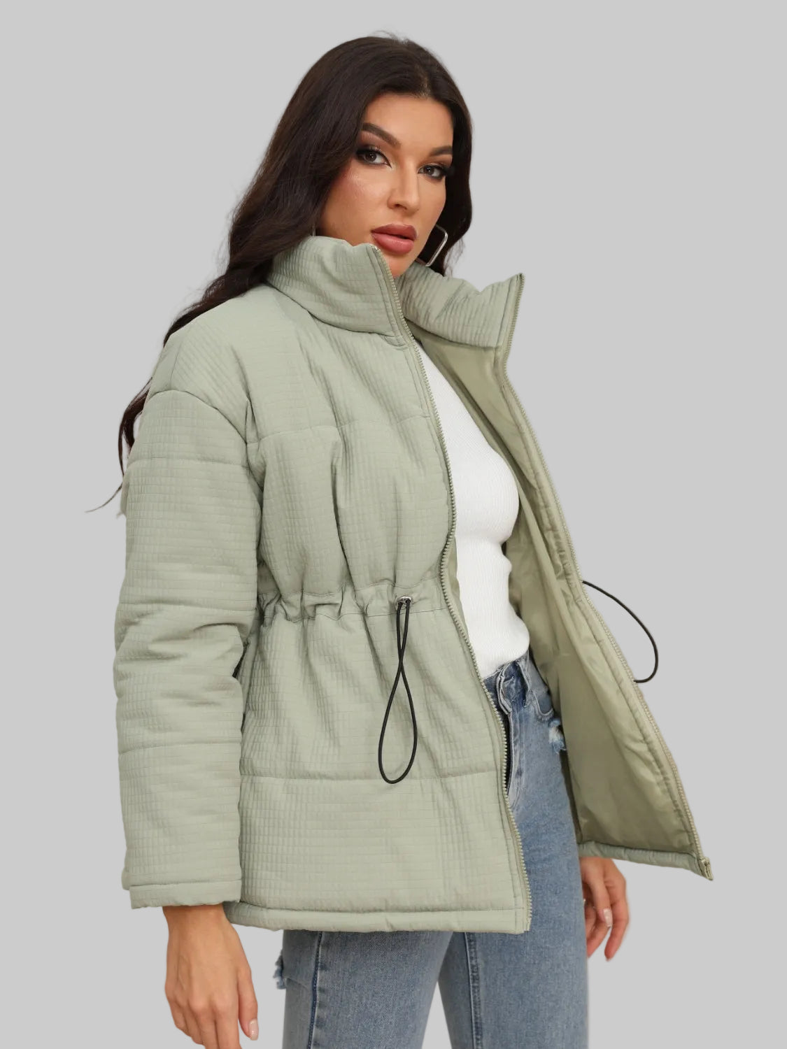 Women Drawstring Waist Zip-Up Puffer Jacket