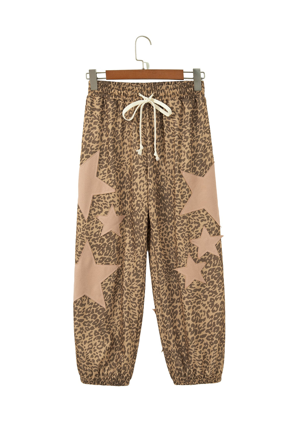 Khaki Leopard Print Star Patched Drawstring Elastic Waist Jogger Pants