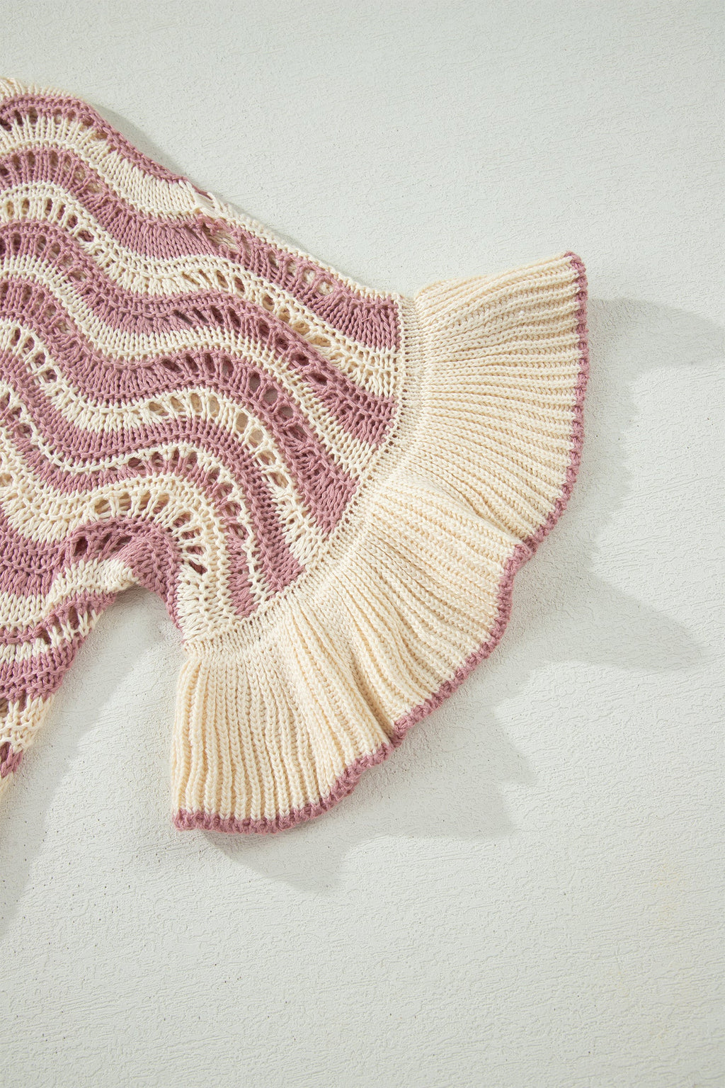 Beige Stripe Wavy Crochet Eyelet Detail Ruffle Half Sleeve Sweater