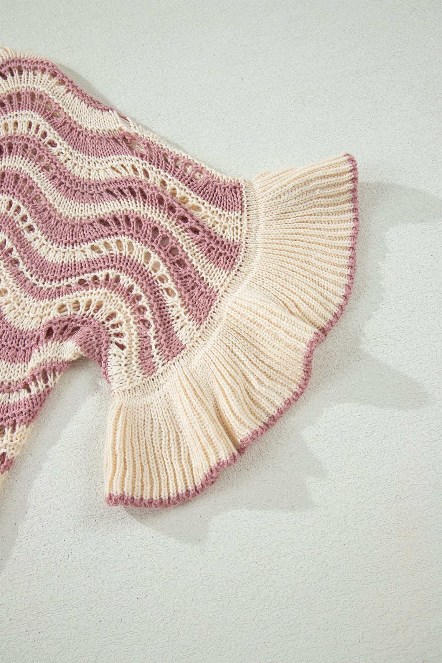 Beige Stripe Wavy Crochet Eyelet Detail Ruffle Half Sleeve Sweater