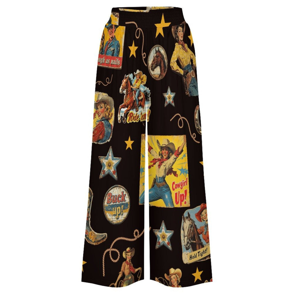 Baha Ranch Vintage Cowgirl Collage High Waisted Wide Leg Pants Inclusive Sizing