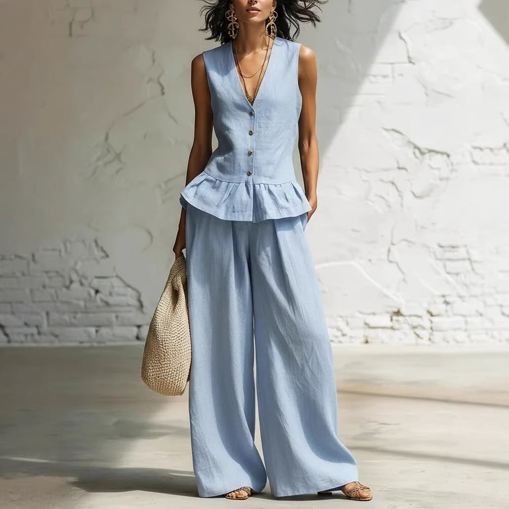 Damen-Bohemian-Set mit ärmellosem Rüschen-Tanktop und Hose