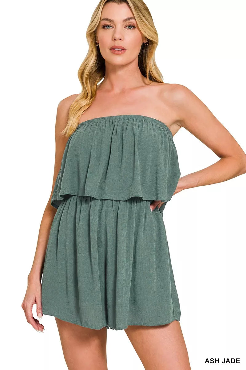Woven Crinkle Strapless Rompers