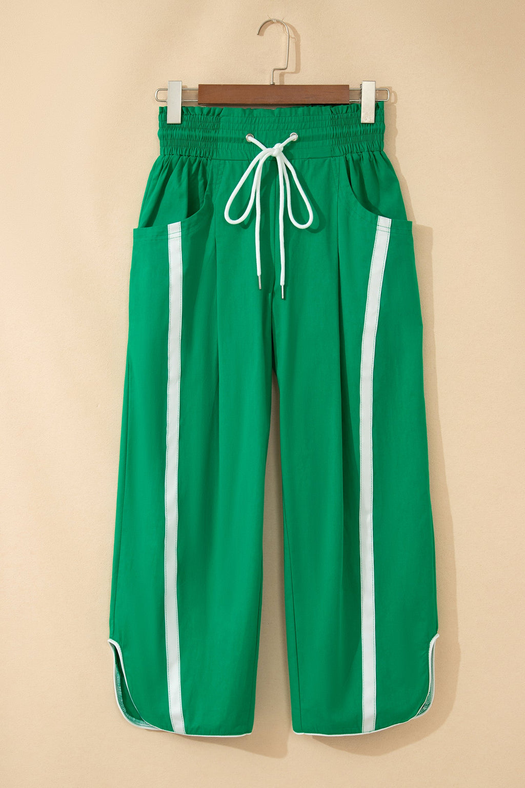 Bright Green Contrast Striped Smocked Waist Drawstring Cropped Casual Pants