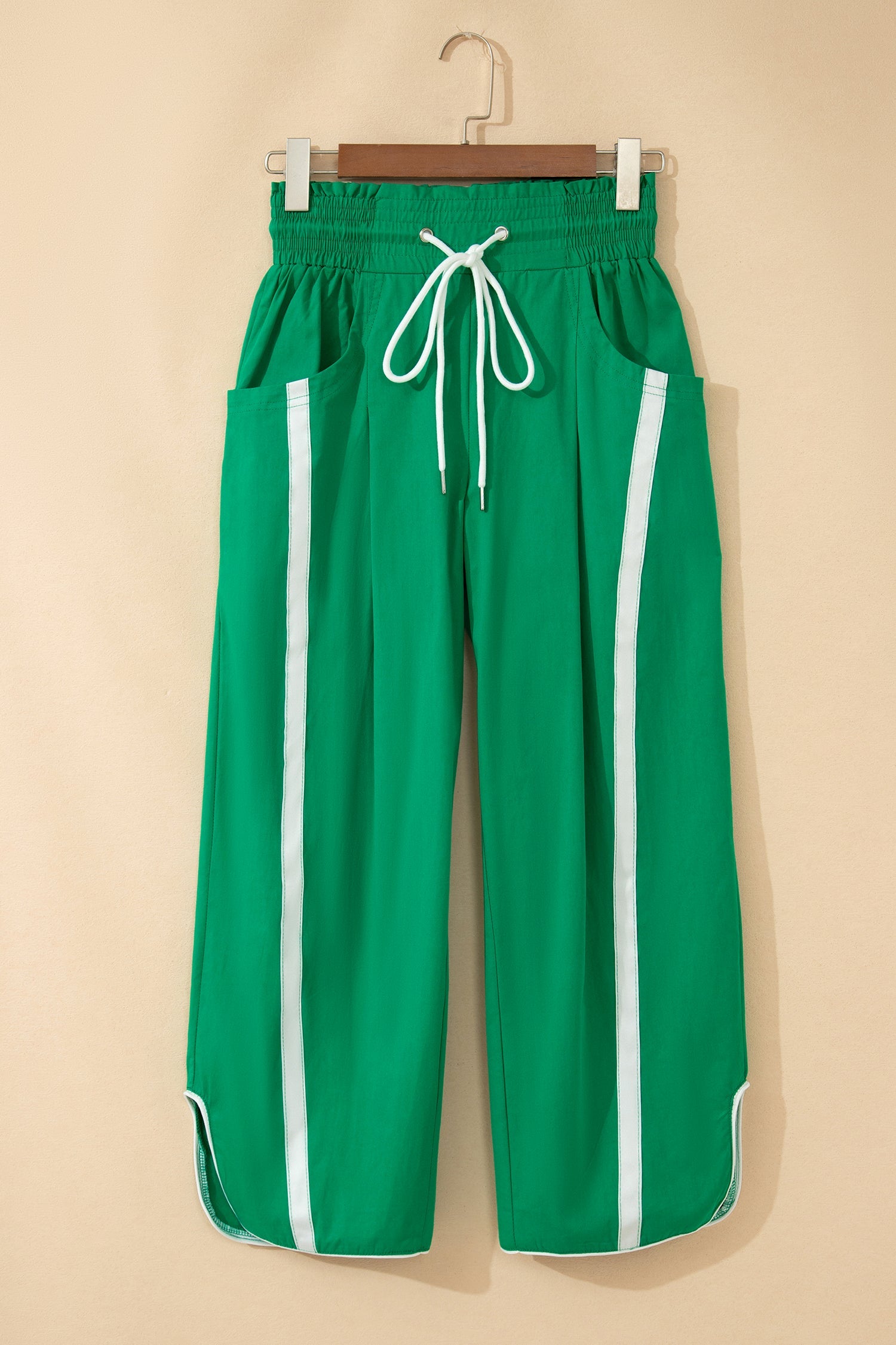 Bright Green Contrast Striped Smocked Waist Drawstring Cropped Casual Pants