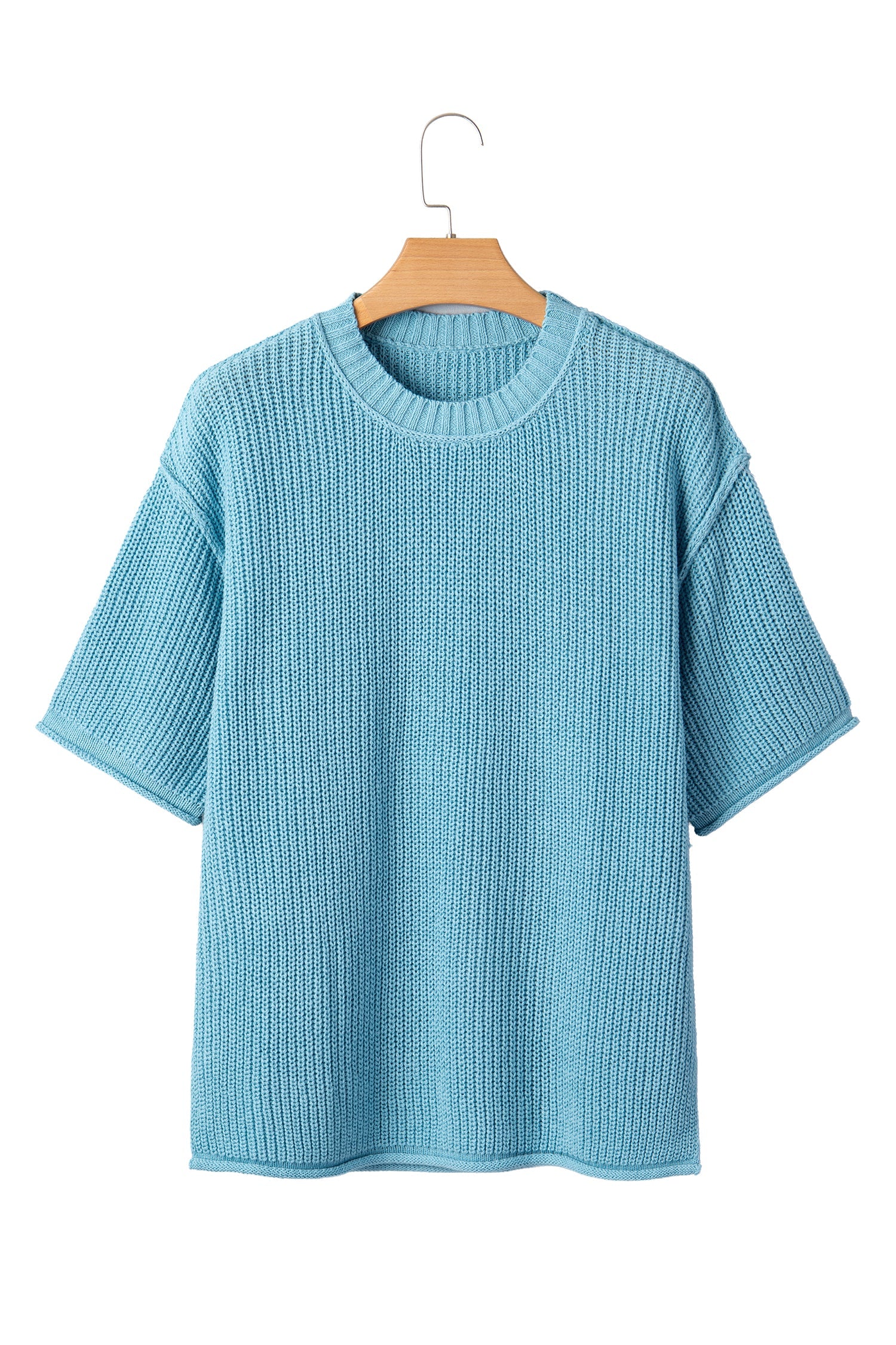 Mist Blue Exposed Seam Detail Half Sleeve Loose Sweater