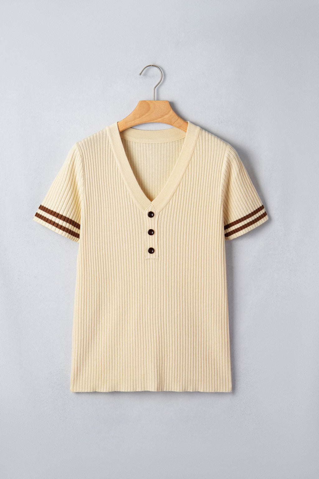 Apricot V Neck Ribbed Knit Striped Trim Short Sleeve Sweater