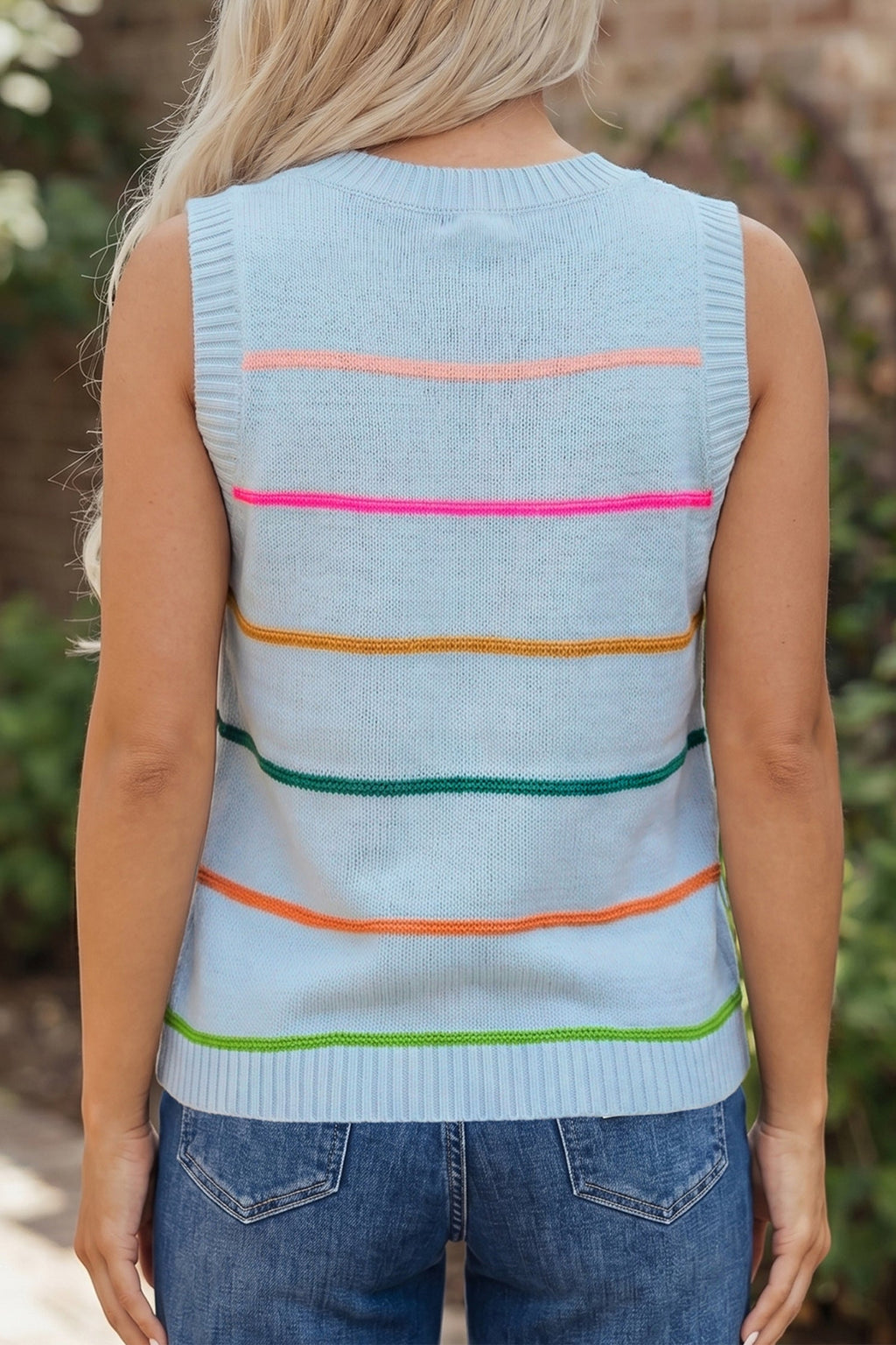 Sky Blue Stripe Round Neck Knitted Sweater Tank