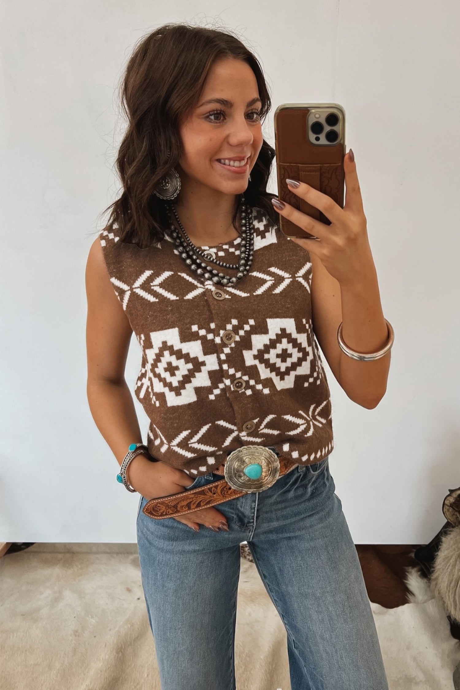 Brown Southwestern Aztec Button Square Neck Sweater Vest