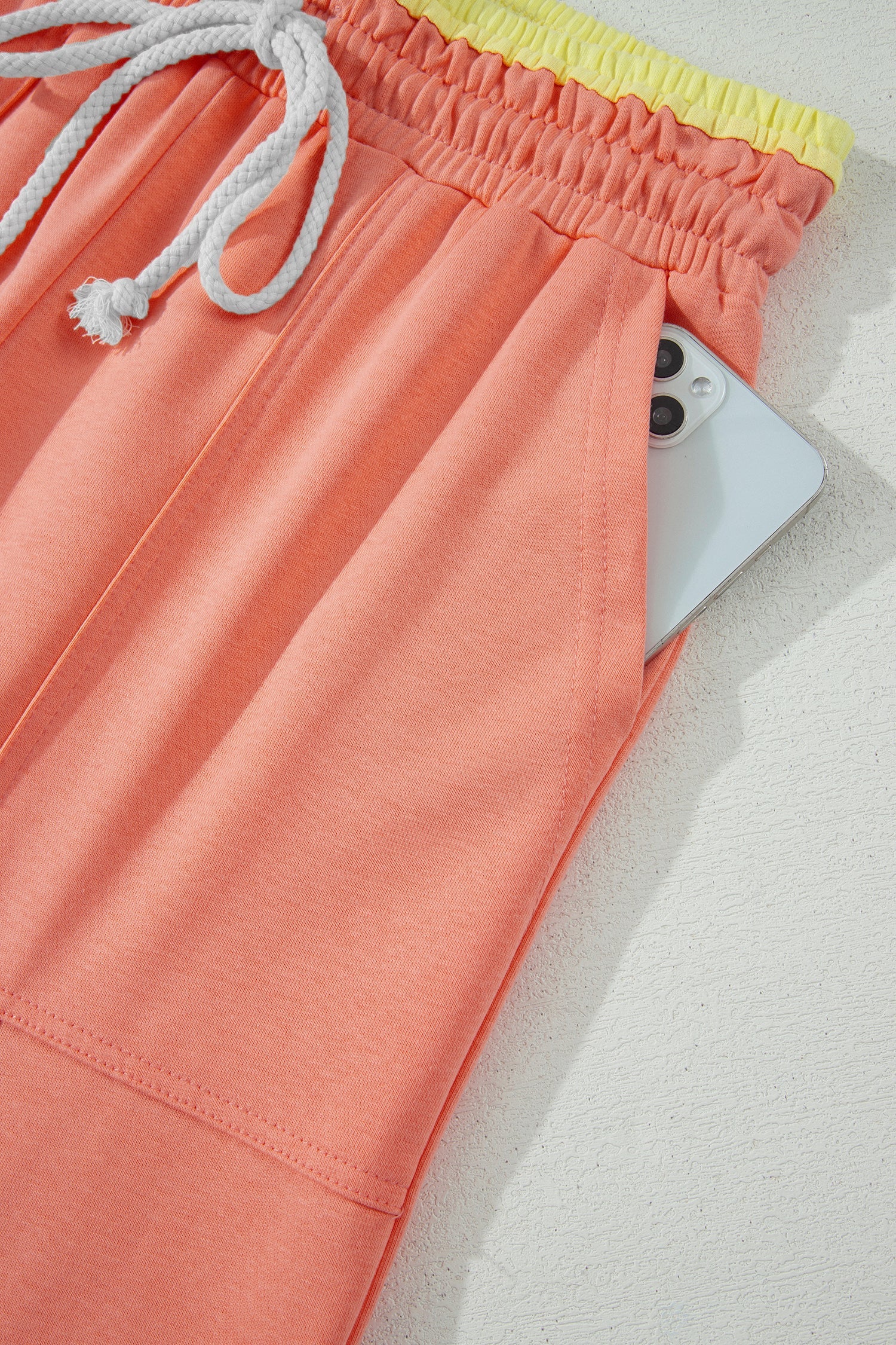 Grapefruit Orange Color Block Flower Patchwork Drawstring Contrasted Elastic Waist Wide Leg Pants