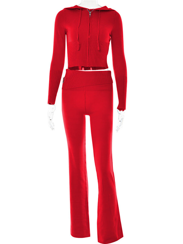 Set aus Langarm-Pullover und hochtaillierter langer Hose