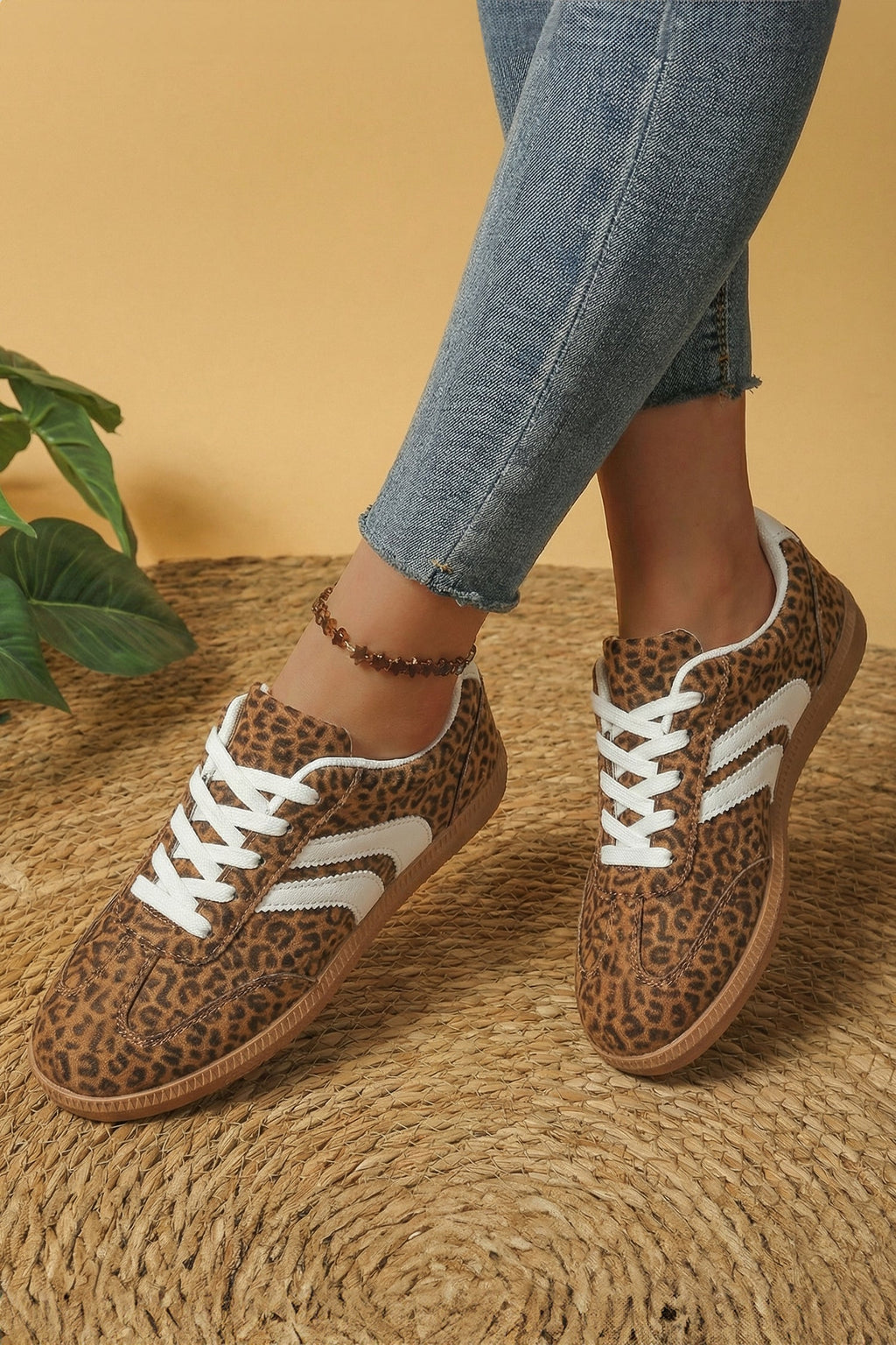 Coffee PU Leather Detail Shimmer Leopard Printed Lace-up Sneakers