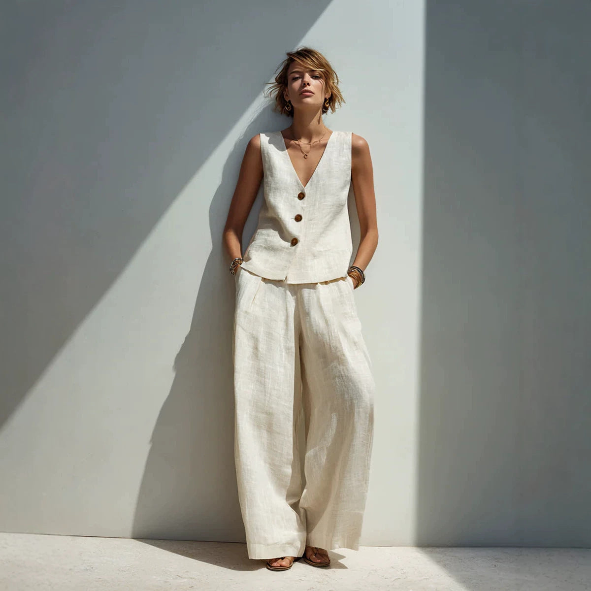 Leinenmischgewebe V-Ausschnitt Westen-Set mit Knöpfen & High-Waist Weite Hose – 5 Farben S–3XL