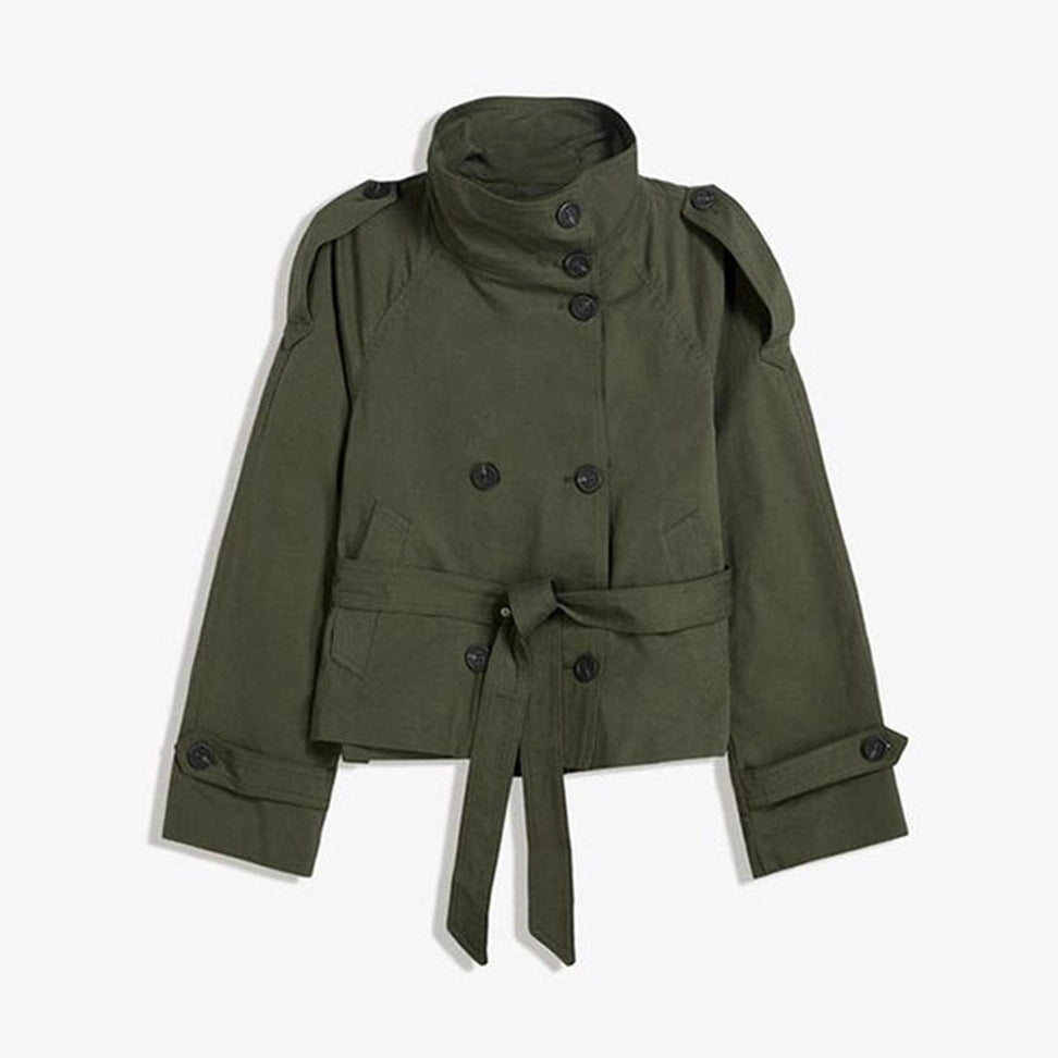 Womens Buttoned Waist-Cinching Lace-Up Trench Coat