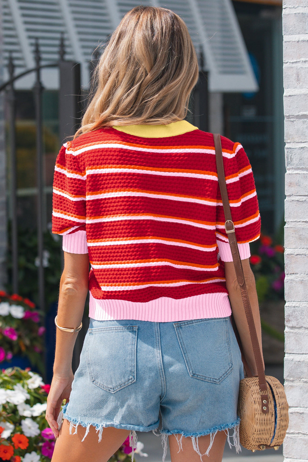 Red Stripe Colorblock Trim Half Sleeve Sweater Top