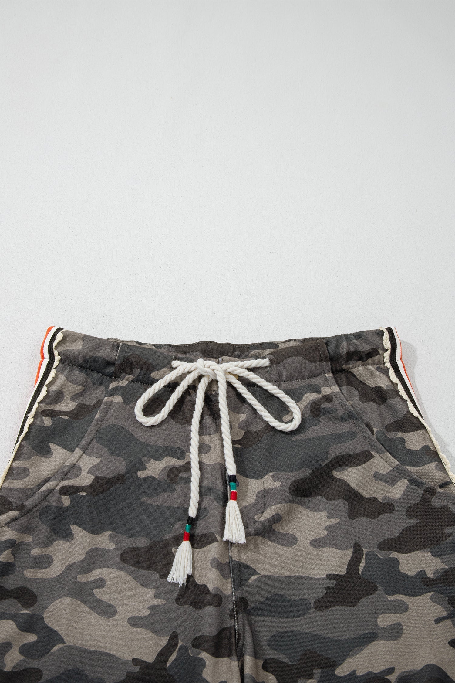 Green Camouflage Print Striped Side Panel Patchwork Drawstring Pants
