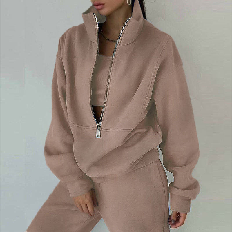 Damen zweiteiliges Set: Langarm-Sweatshirt mit Reißverschlusskragen und schmal geschnittene Hose