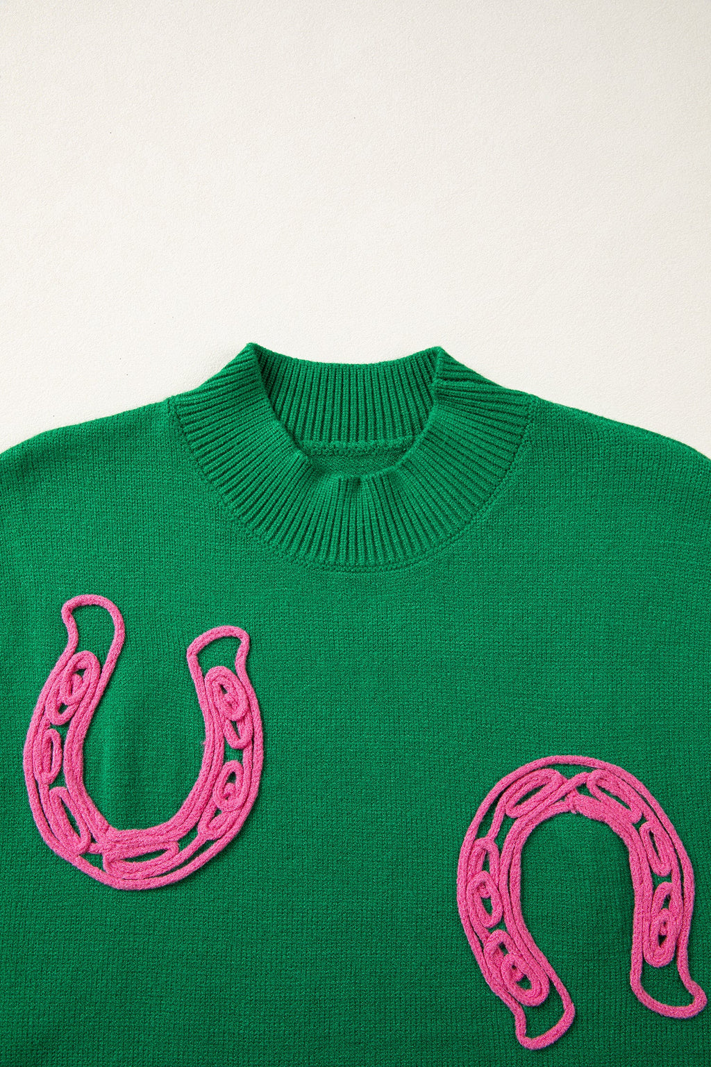 Bright Green Corded Horseshoes Ribbed Trim Mock Neck Short Sleeve Sweater