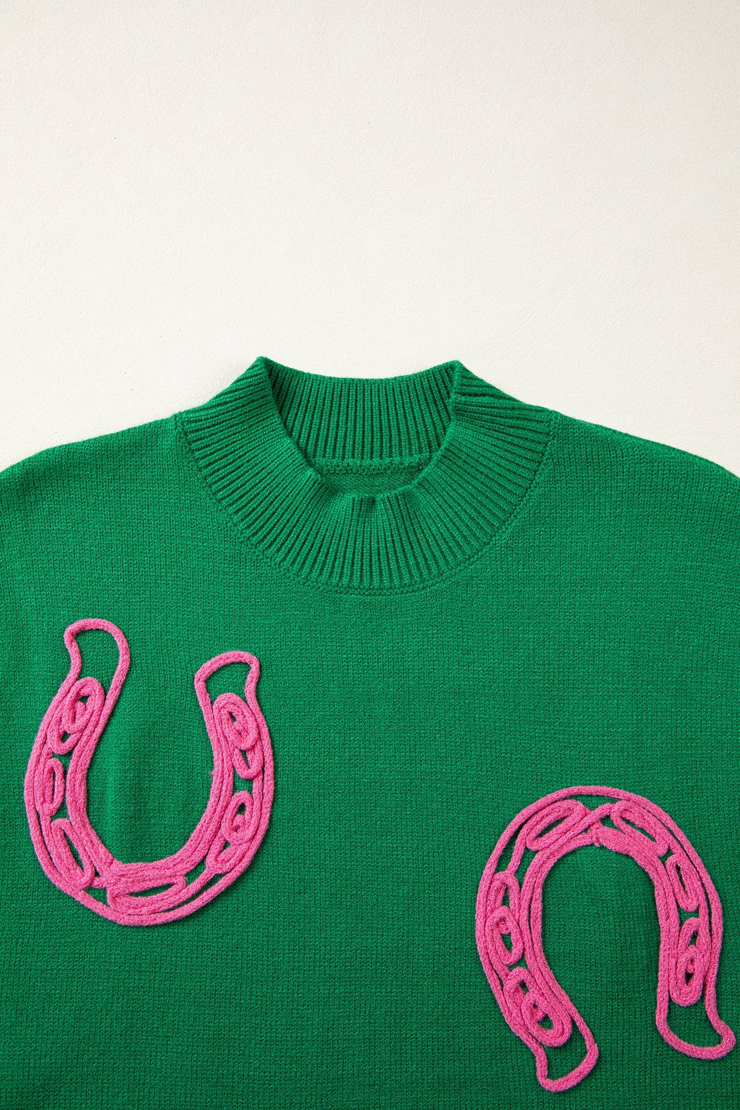 Bright Green Corded Horseshoes Ribbed Trim Mock Neck Short Sleeve Sweater