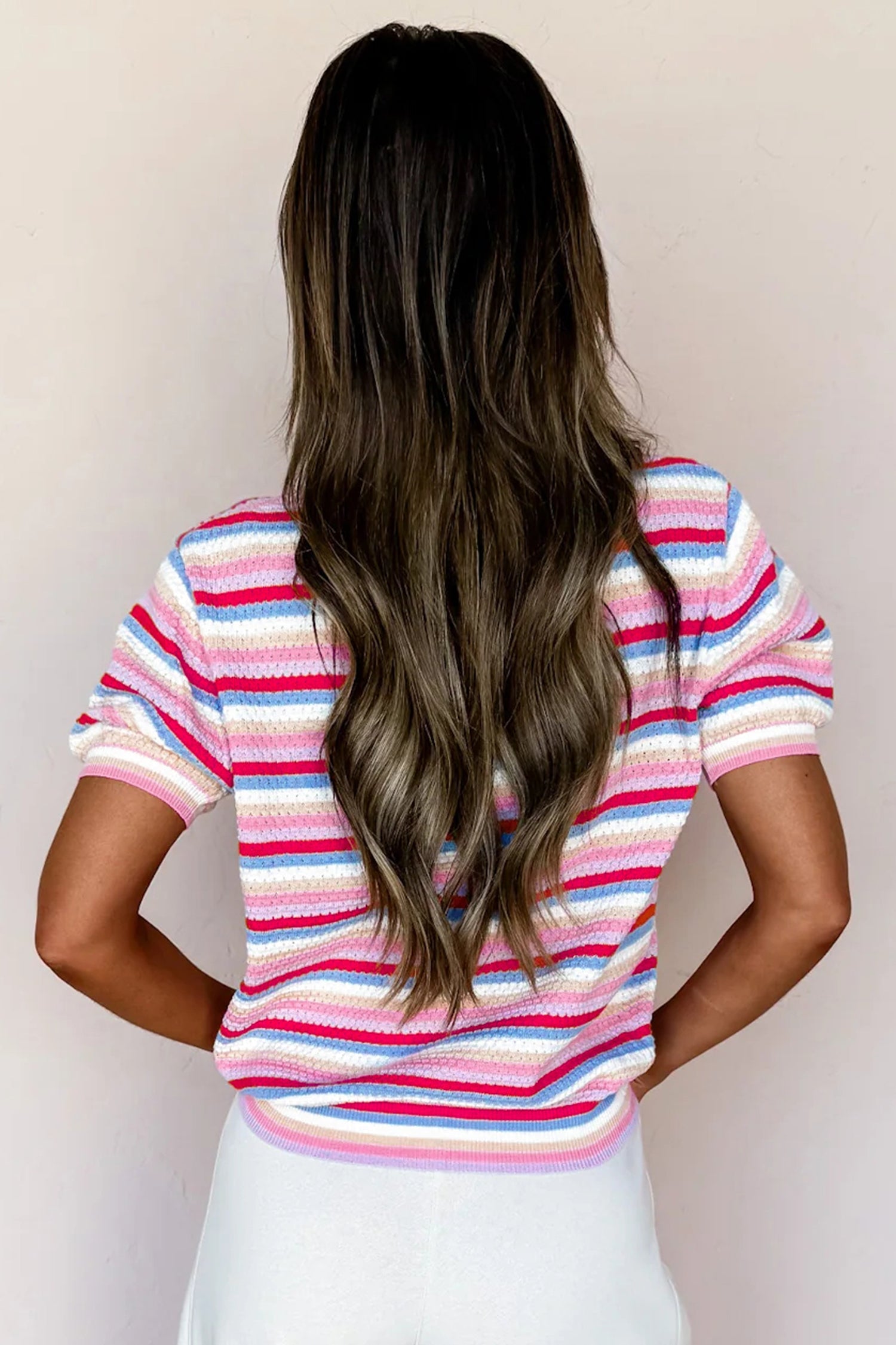Multicolour Textured Stripes Knit Short Sleeve Sweater