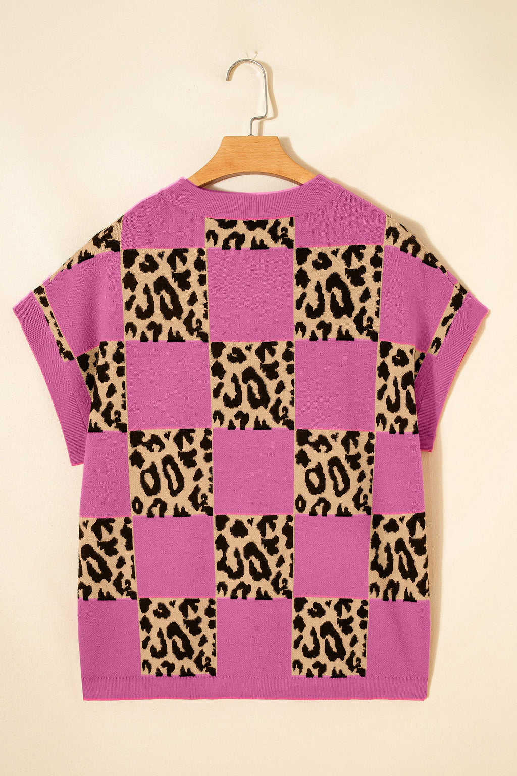 Rose Red Leopard Checkerboard Short Sleeve Knit Sweater