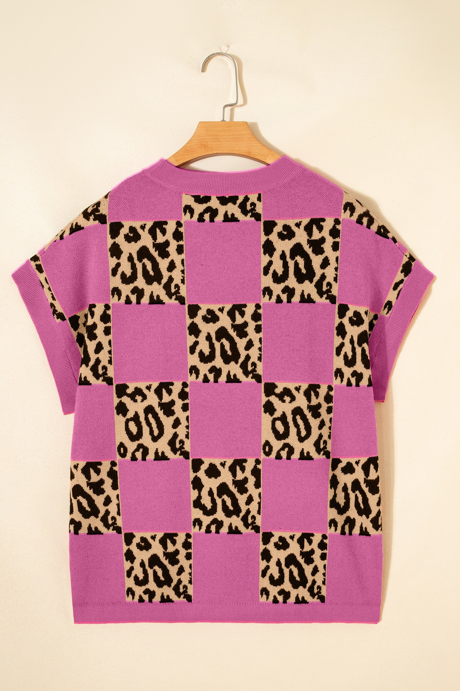 Rose Red Leopard Checkerboard Short Sleeve Knit Sweater