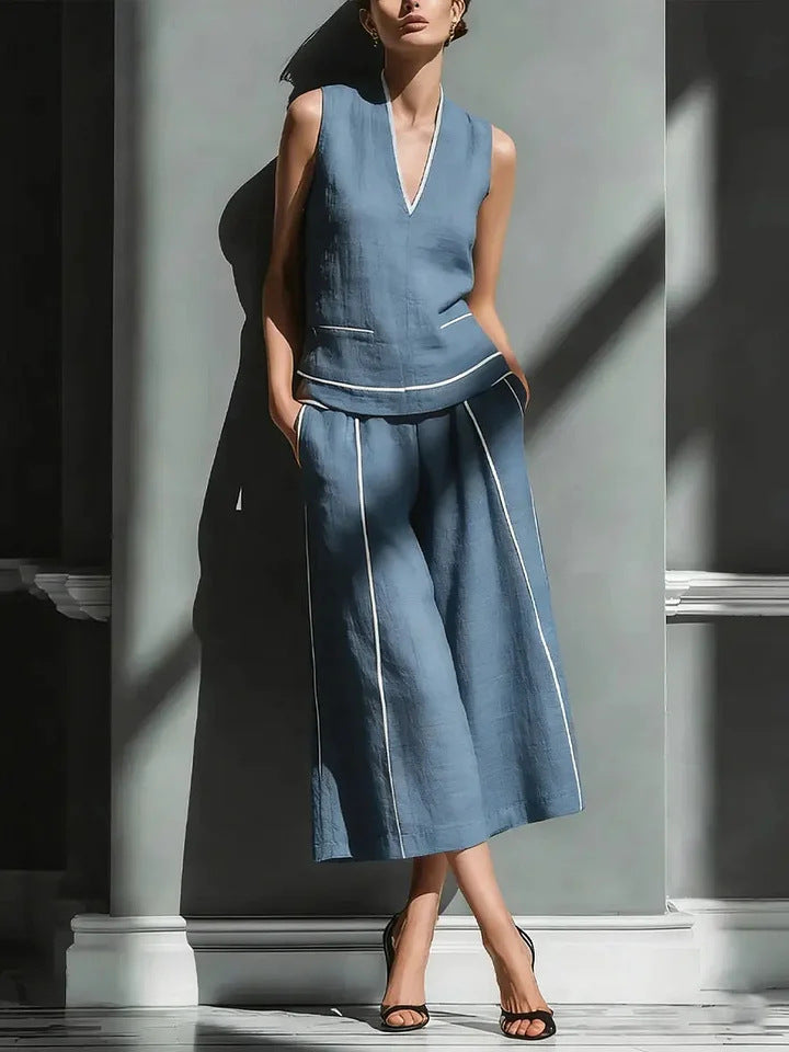 Damen ärmelloses Leinenhemd und Cropped-Hose Set – Legeres 2-teiliges Outfit