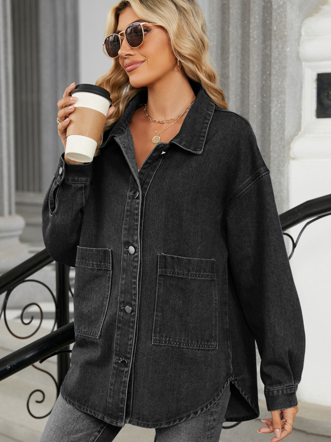 Women Removable Hood Button Up Long Sleeve Denim Jacket