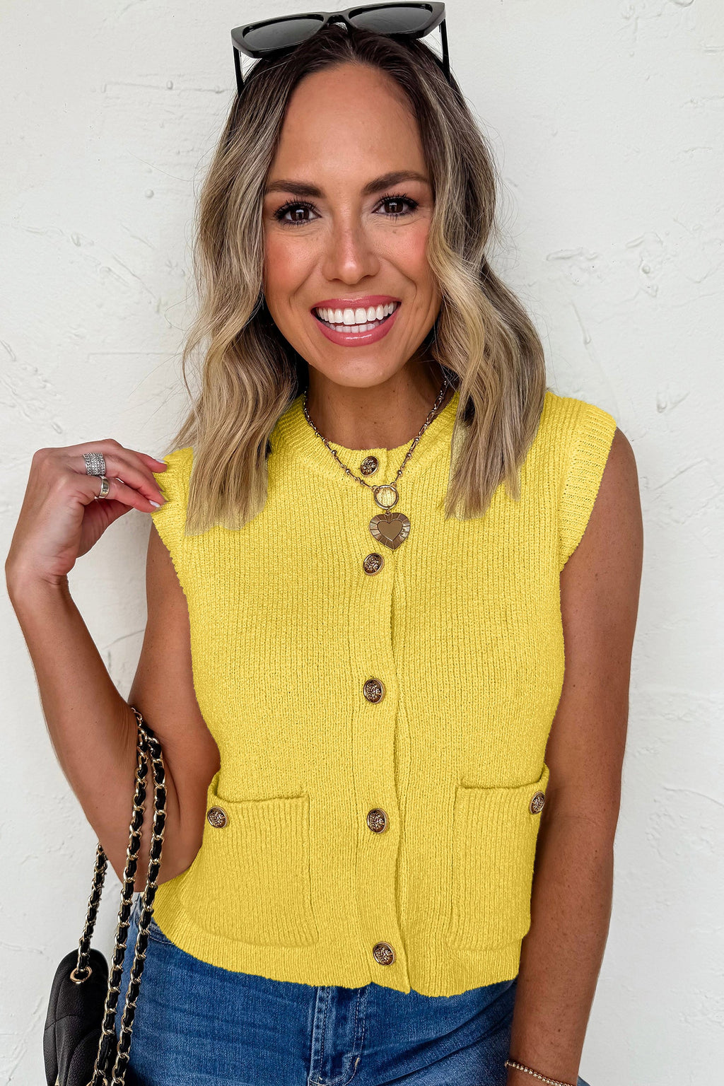 Yellow Cream Solid Color Sleeveless Knit Button Pocketed Sweater