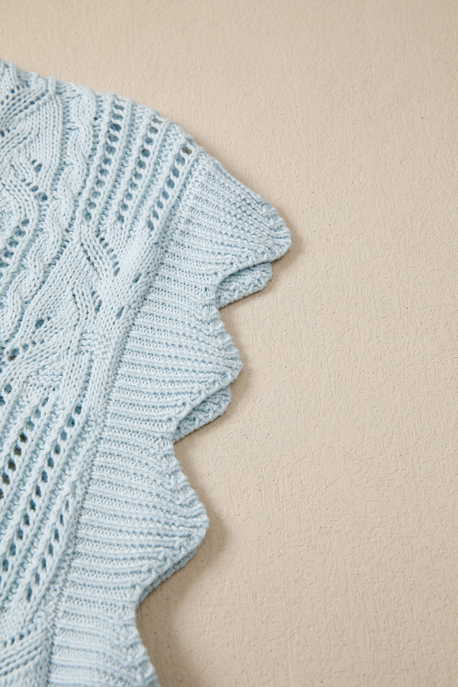 Beau Blue Pointelle Knit Patterned Scalloped Trim Short Sleeve Sweater