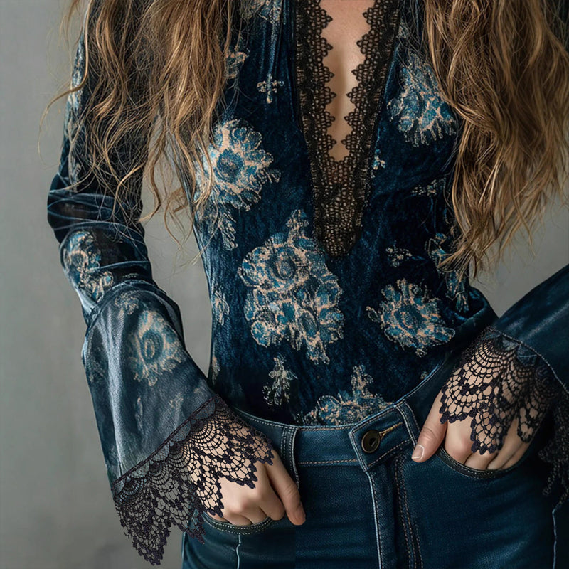 Women’s Retro Lace Panel V-Neck Blouse – Elegant Print Bell Sleeve Top for Spring & Autumn Wear