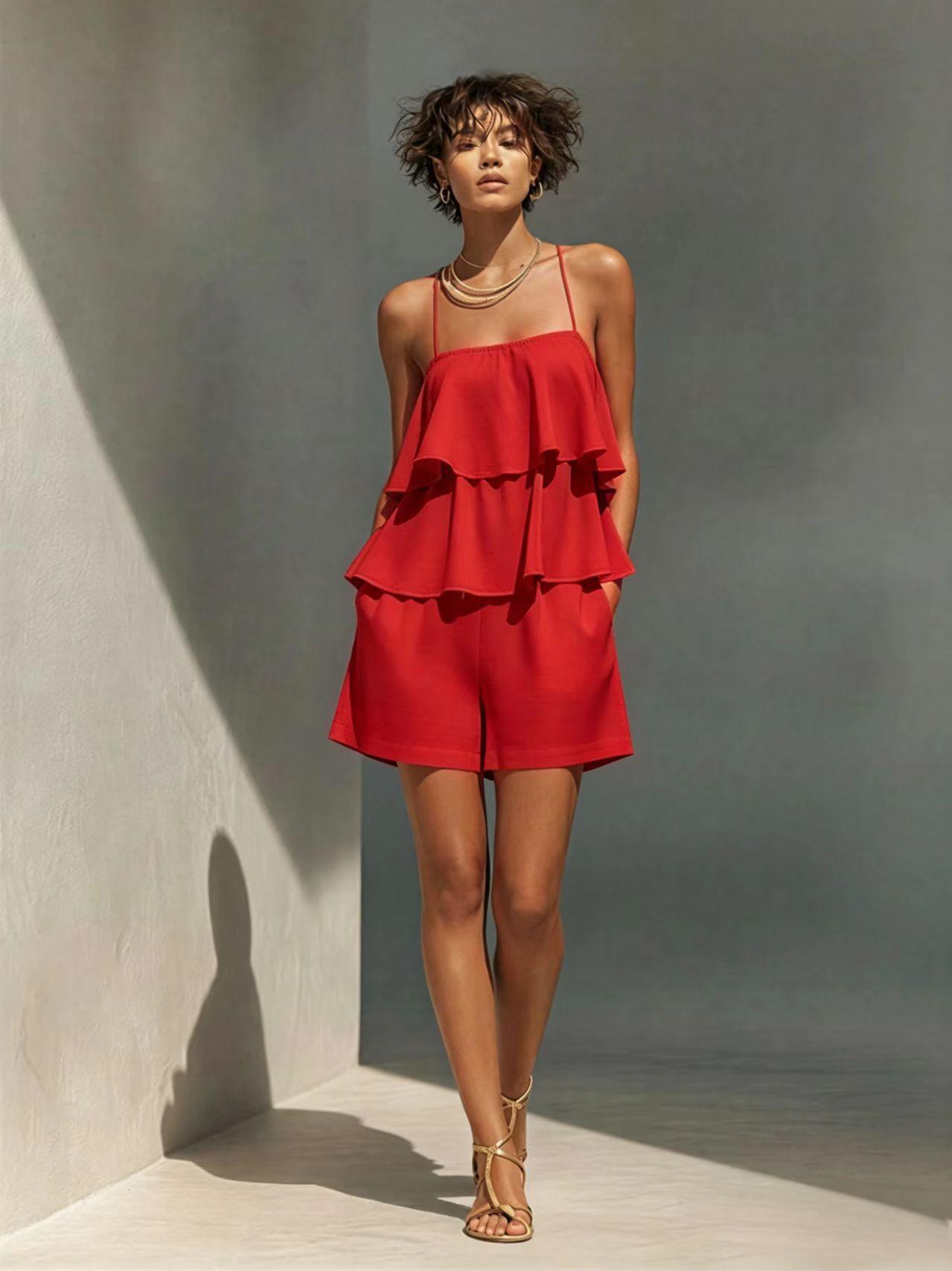 Damen Camisole und Shorts Set mit mehrlagigen Rüschen